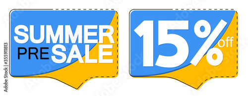 Summer Pre-Order Sale banners design template, 15% off, discount tags, vector illustration
