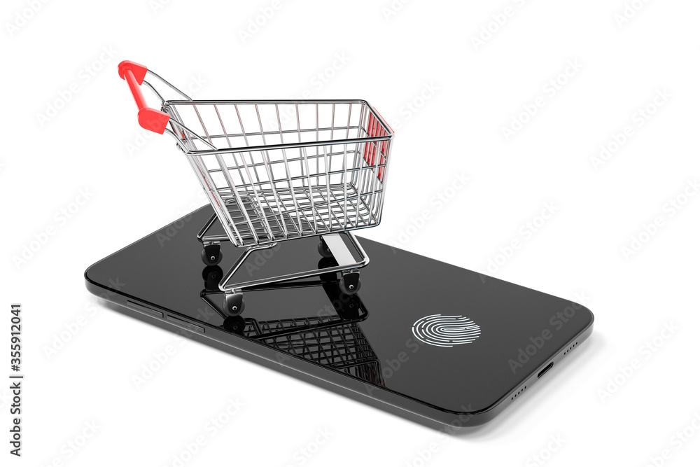 Mobile phone with shopping cart on it, 3d rendering.