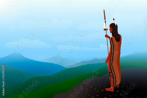 A lone native american warrior with a spear stands on a high mountain and looks into the distance. Vector illustration.