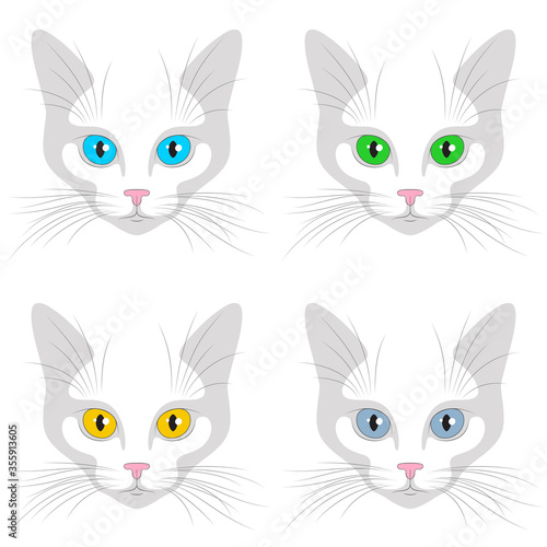 Stylised cat faces with big colored eyes and vibrissae