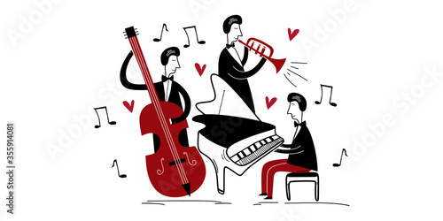 Jazz band music festival. Three jazz players playing group music in a concert isolated flat vector. Pianist playing piano, trumpet, and cello. Creative cartoon style.