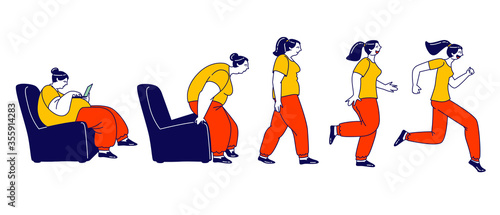 Weight Loss Concept. Fat Female Character Getting Up, Running and Become Thin Transformation. Stage by Stage of an Obese Woman Turning into Healthy Body by Running. Linear People Vector Illustration