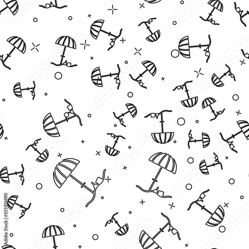Black line Sun protective umbrella for beach icon isolated seamless pattern on white background. Large parasol for outdoor space. Beach umbrella. Vector Illustration