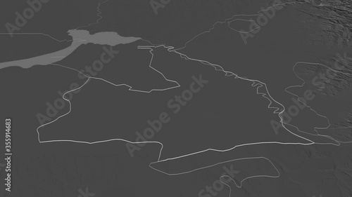 Sirdaryo, region with its capital, zoomed and extruded on the bilevel map of Uzbekistan in the conformal Stereographic projection. Animation 3D photo