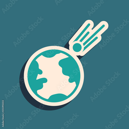 Green Comet falling down fast icon isolated on green background. Long shadow style. Vector Illustration