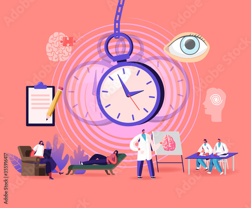 Characters Undergoing Hypnosis Procedure with Doctor Swinging Pocket Watch and Patients Lying on Sofa in Clinic Cabinet. Psychotherapy Session, Trance, Mesmerizing. Cartoon People Vector Illustration