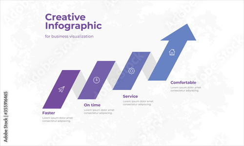 Creative business visualization infographic with grow up arrow shape and icon design. blue and purple color palette. Vector illustration eps10.