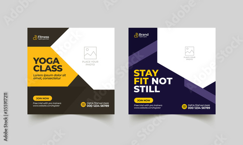 Fitness gym social media post banner square flyer template. Editable sports yoga digital marketing web banner design