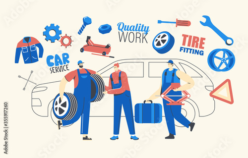 Auto Service Mechanics Characters with Instruments. Diagnostics and Car Repair. Men in Blue Uniform Service Station Staff. Auto Checking, Maintenance and Fixing. Linear People Vector Illustration