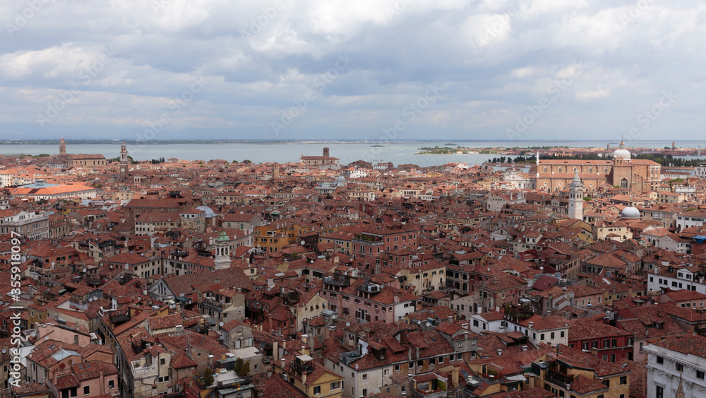 Elevated view of Venice and Basilica dei Santi Giovanni e Paolo seen from the Campanile di San Marco, Venice, Italy