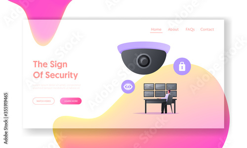 Protection Property, Monitoring Control Landing Page Template. Man Safeguard Looking at Multiple Monitors. Security Character Use Surveillance System, Cctv Technology. Cartoon Vector Illustration