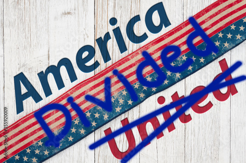 America Divided type message with retro USA stars and stripes burlap ribbon