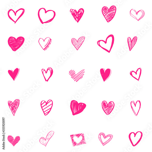 Set of 9 handdrawn heart. Handdrawn rough marker hearts isolated on white background. Vector illustration for your graphic design.