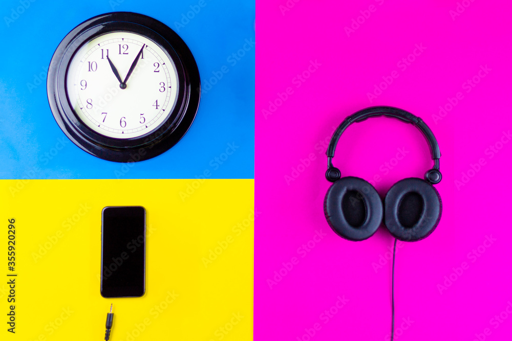 smartphone headset and watch as music and learning concept. smartphone headset and watch as music and learning concept.