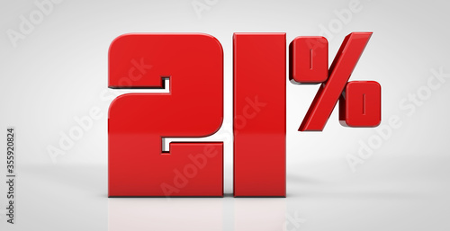 21% red text isolated on white background, 3d render illustration photo