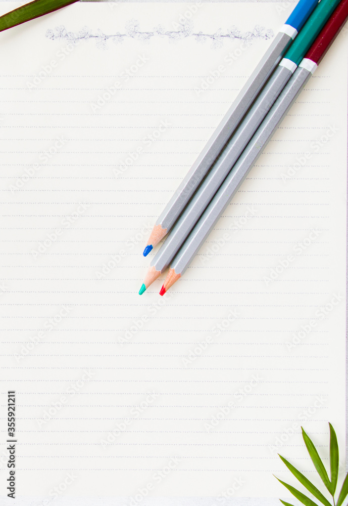 Notebook, pencils and plants on the white background, studio shot. Colorful stationery things and accessories. Workplace. Notebook, pencils and plants on the white background, studio shot. Colorful stationery things and accessories. Workplace.