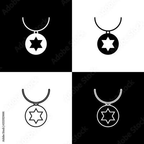 Set Star of David necklace on chain icon isolated on black and white background. Jewish religion. Symbol of Israel. Jewellery and accessory. Vector Illustration