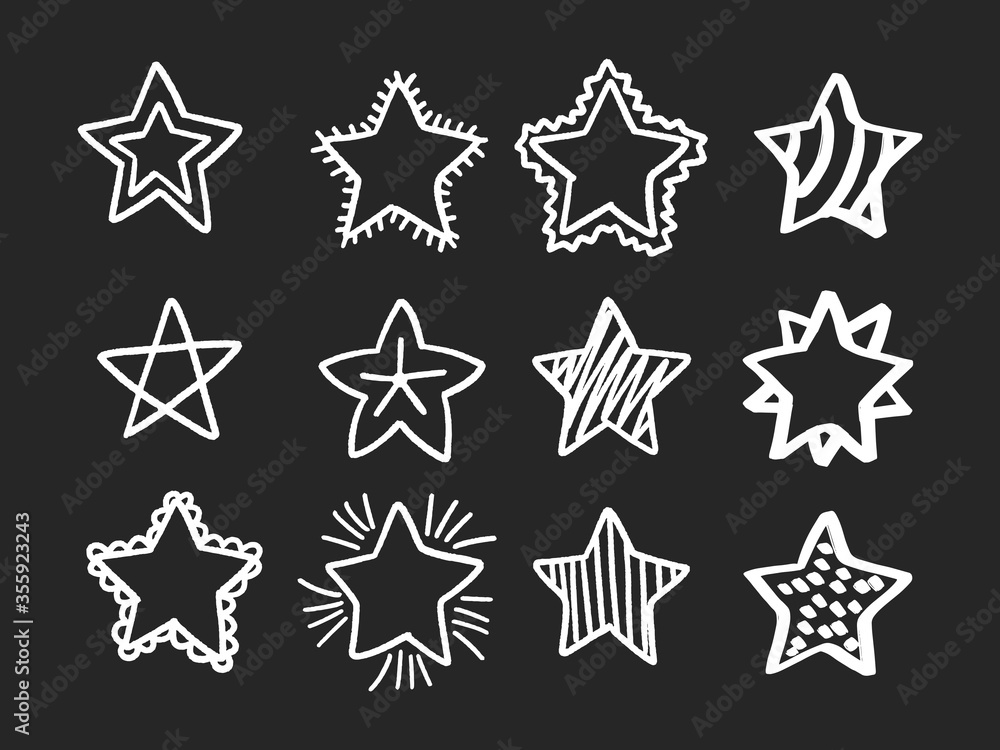Set of black hand drawn doodle stars in isolated on white background. Set of black hand drawn doodle stars in isolated on white background.