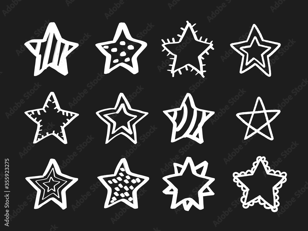 Set of black hand drawn doodle stars in isolated on white background. Set of black hand drawn doodle stars in isolated on white background.