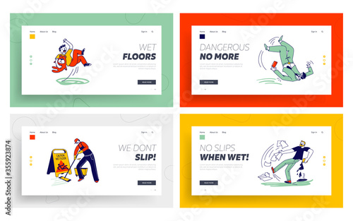 Wet Floor Caution Landing Page Template Set. People Get Trauma, Injure. Characters Slipping and Falling around of Janitor Cleaning Floor in Airport, Office or Public Place. Linear Vector Illustration