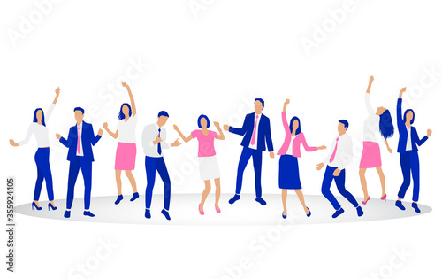  Group of young joyous happy business men and women, celebrating character, isolated on a white background. Happy people in office suits in different poses. Vector illustration in flat cartoon style