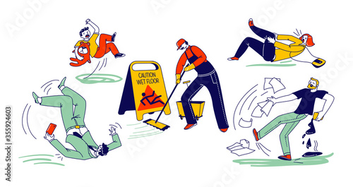 Wet Floor Caution Concept. Male and Female Characters Slipping and Falling around of Janitor Cleaning Floor in Airport, Office or Public Place. People Get Trauma, Injure. Linear Vector Illustration
