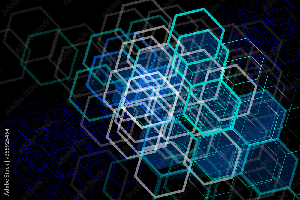 Blue geometric hexagons elements on black background