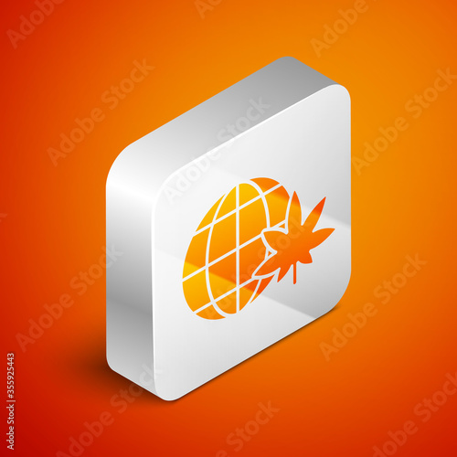 Isometric Legalize marijuana or cannabis globe symbol icon isolated on orange background. Hemp symbol. Silver square button. Vector Illustration