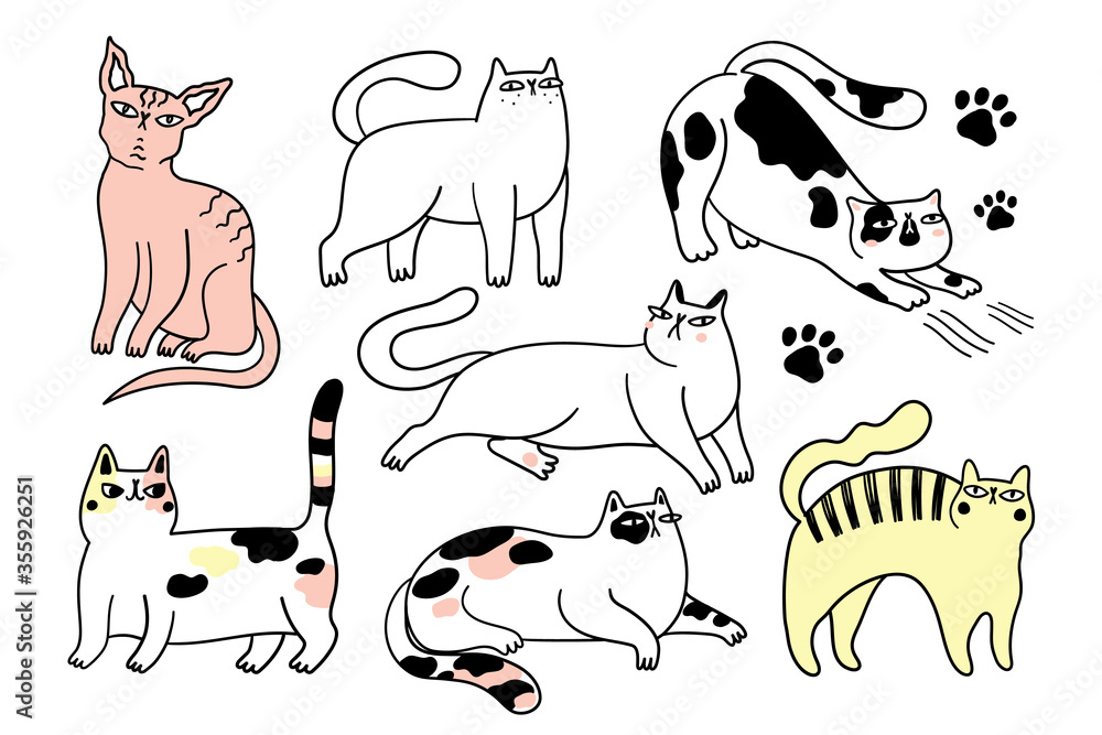 Collection of funny cats. Bundle of various cartoon cats isolated on white background. Hand drawn vector illustration Collection of funny cats. Bundle of various cartoon cats isolated on white background. Hand drawn vector illustration
