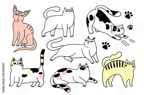 Collection of funny cats. Bundle of various cartoon cats isolated on white background. Hand drawn vector illustration