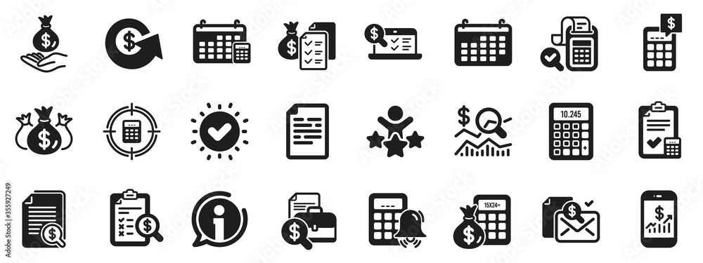 Set of Calculation, Check investment. Accounting report icons. Calendar, Banking account and Finance report documents icons. Bill, Calculate income and Wealth auditing signs. Vector Set of Calculation, Check investment. Accounting report icons. Calendar, Banking account and Finance report documents icons. Bill, Calculate income and Wealth auditing signs. Vector