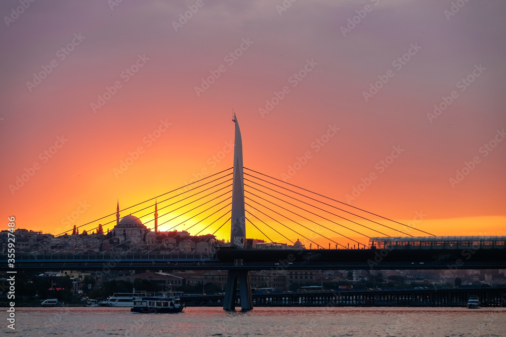Silhouette of Istanbul cityscape with metro bridge and mosque