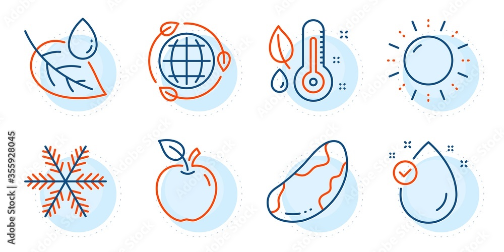 Apple, Eco energy and Vitamin e signs. Snowflake, Sun energy and Thermometer line icons set. Leaf dew, Brazil nut symbols. Air conditioning, Solar power. Nature set. Outline icons set. Vector Apple, Eco energy and Vitamin e signs. Snowflake, Sun energy and Thermometer line icons set. Leaf dew, Brazil nut symbols. Air conditioning, Solar power. Nature set. Outline icons set. Vector