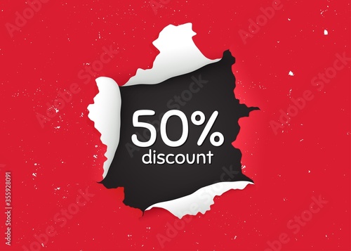 50% Discount. Ragged hole, torn paper banner. Sale offer price sign. Special offer symbol. Paper with ripped edges. Torn hole red background. Discount promotion banner. Peeling grunge paint. Vector