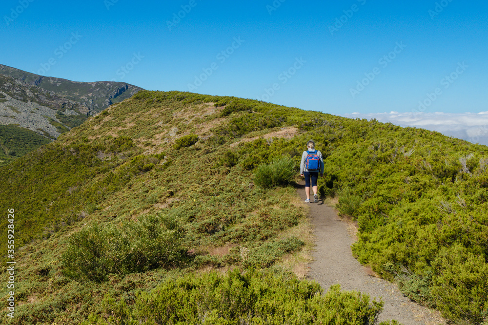 woman tourist with backpack walking on a mountain ridge