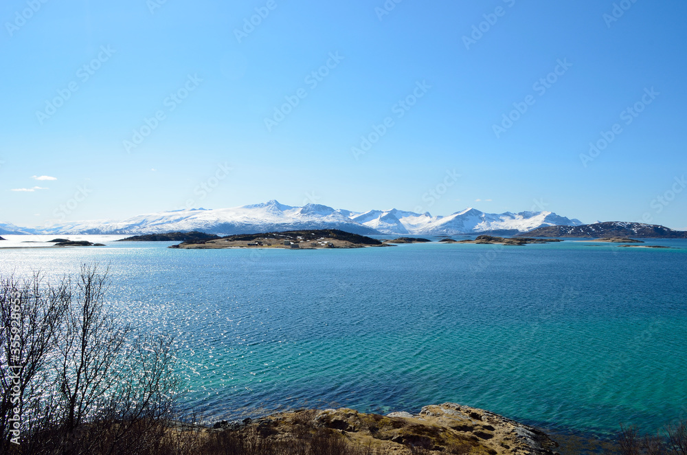 small settlement on sea islands with snowy mountains and sunshine