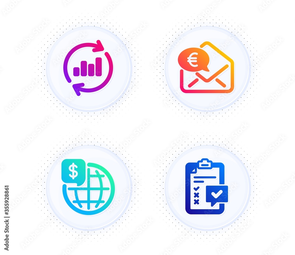 Euro money, Update data and World money icons simple set. Button with halftone dots. Checklist sign. Receive cash, Sales chart, Global markets. Survey. Finance set. Vector