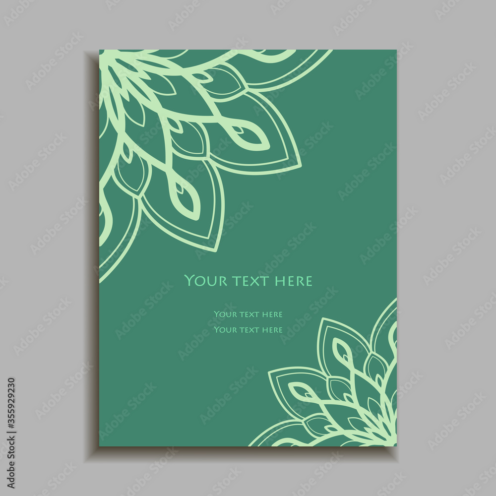 Mint color Invitation Card with  mandala ornament. Card template for Wedding invitation or Birthday greeting card. Vector illustration