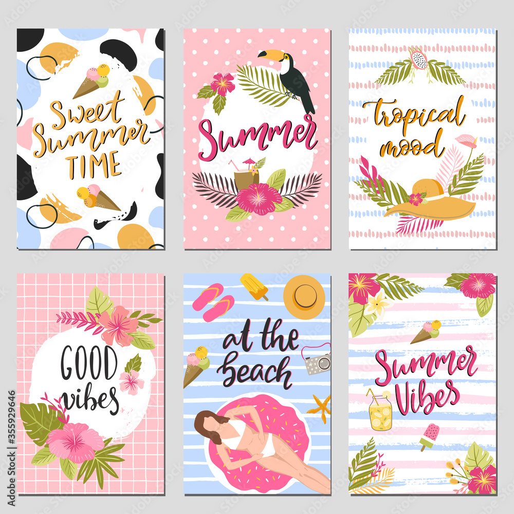 Set of cute summer cards and posters with hand drawn lettering typography words , Hello Summer, summer party, summer time and fruits, flamingos, palm leaves and textured background