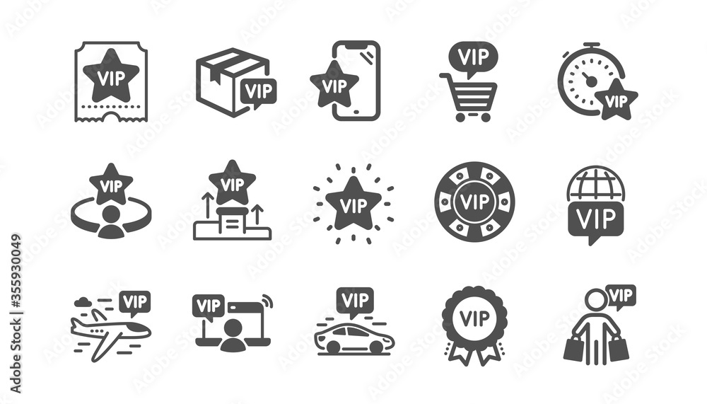 Vip icons set. Casino chips, delivery parcel, very important person. Certificate, player table, vip buyer icons. Crown, casino ticket, business class flight. Membership privilege. Quality set. Vector