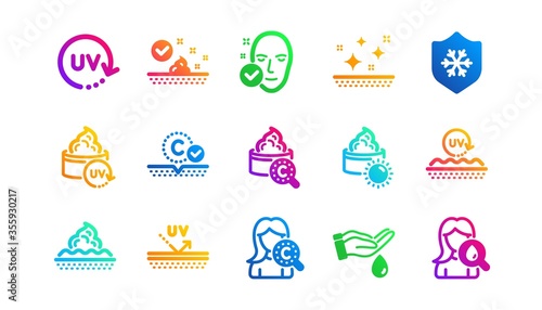 Collagen, Cream, Serum oil and Skincare. Skin care icons. Face sun lotion gel, Uv protection, vitamin E icons. Face skin care cream protection. Classic set. Gradient patterns. Vector