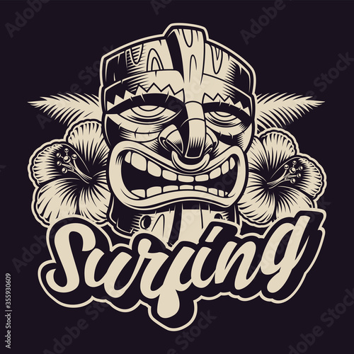 Black and white illustration of tiki masks on a surf theme. This design is perfect for logos, shirt prints and many other purposes.
