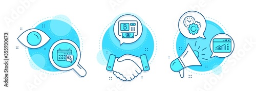 Bitcoin atm, Web traffic and Spanner line icons set. Handshake deal, research and promotion complex icons. Time management sign. Cryptocurrency change, Website window, Repair service. Settings. Vector