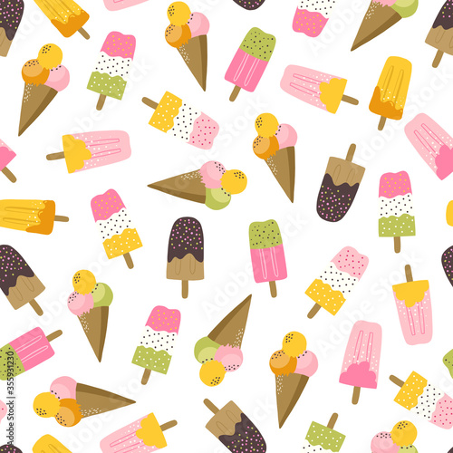 Colorful fun summer seamless pattern with colorful popsicale and ice cream and abstract shapes and blobs. Beach and summertime vacation holidays repeating background for fabric, textile, branding