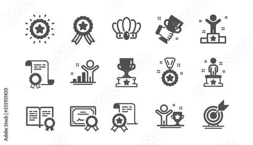 Success icons set. Winner cup, certificate, goal target. Reward, medal with ribbon, crown icons. Award, winner podium, first place success. Statue, diploma with certificate, challenge. Vector
