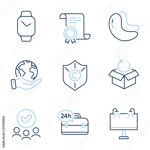 24h service, Copyright protection and Smartwatch line icons set. Diploma certificate, save planet, group of people. Return package, Road banner and Cashew nut signs. Vector