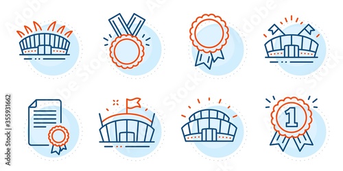 Certificate, Sports stadium and Reward signs. Sports arena, Arena and Success line icons set. Honor symbol. Event stadium, Sport complex. Sports set. Outline icons set. Vector