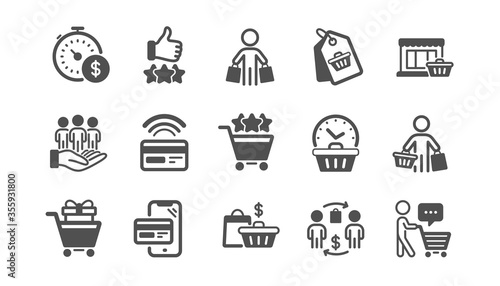 Buyer customer icons set. Contactless payment card, shopping cart and group of people. Store, buyer loyalty card, client ranking set icons. Shopping timer, phone payment, currency. Quality set. Vector photo