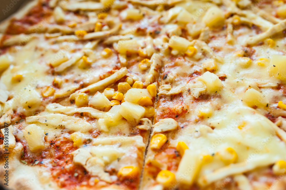 fresh pizza Margarita with cheese meat and vegetables. Delicious fast food Italian classic. fresh pizza Margarita with cheese meat and vegetables. Delicious fast food Italian classic.