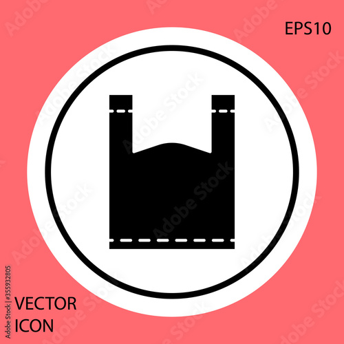 Black Plastic bag icon isolated on red background. Disposable cellophane and polythene package prohibition sign. White circle button. Vector Illustration